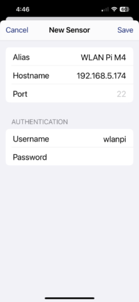 Airtool Pi Add Sensor screen with fields for the sensor name, hostname, SSH username, and password