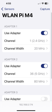 Airtool Pi sensor configuration screen showing multiple adapters with channel and channel width controls