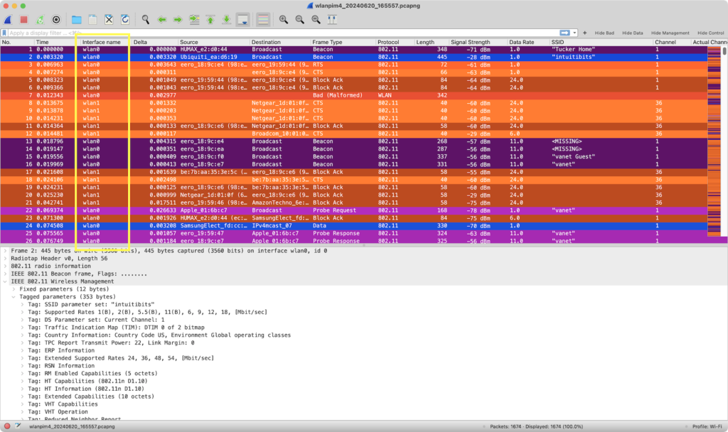 Wireshark displaying an Airtool Pi multi-channel PcapNG capture with an interface identifier assigned to each frame
