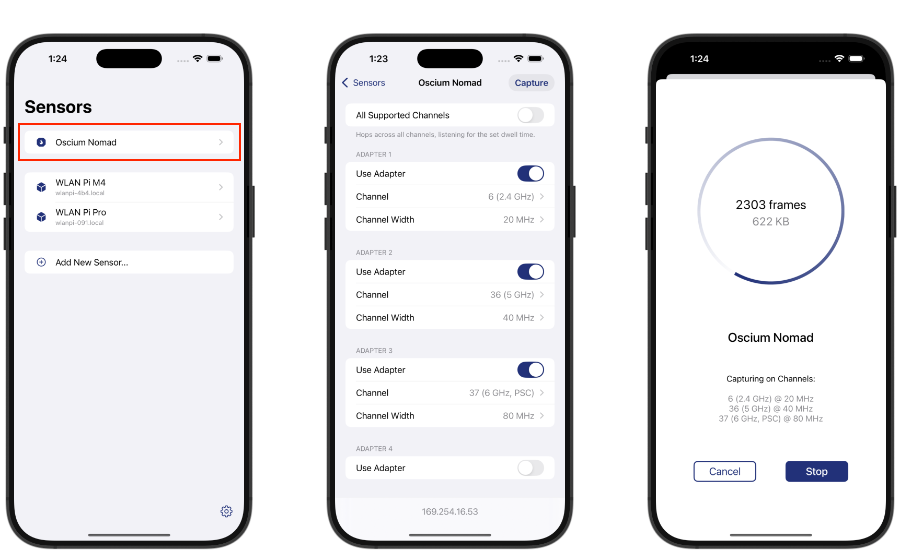 Annotated Airtool Pi interface on an iPhone showing how to select the Oscium Nomad and configure a multi-channel capture