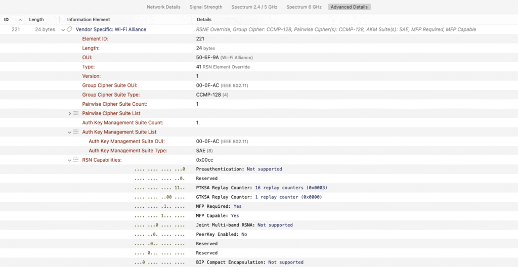 WiFi Explorer packet details showing a decoded RSNE Override element and its security parameters