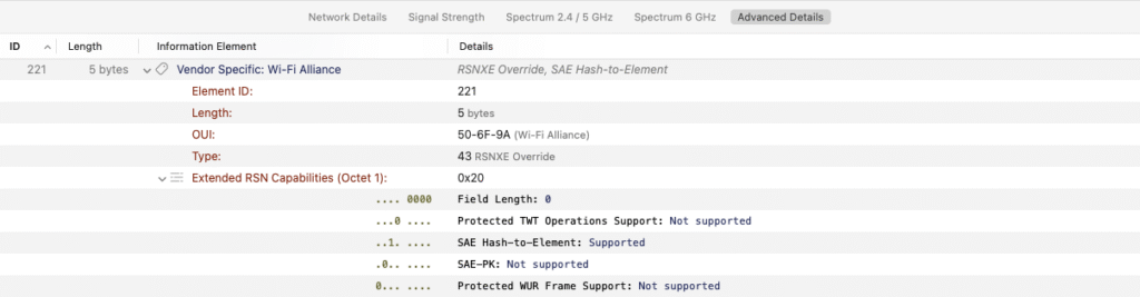 WiFi Explorer packet details showing a decoded RSNXE Override element and its extended security capabilities